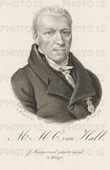 Portrait of Maurits Cornelis van Hall, print, Portrait of the Amsterdam lawyer and notary Maurits Cornelis van Hall, with Order of Knighthood., printmaker: Philippus Velijn, Netherlands, after drawing by Hendrik Willem Caspari, publisher: Johannes Immerzeel, 1827, paper, etching, engraving, etching and engraving, height 129 mm x width 105 mm, Person, Maurits Cornelis van Hall, A black and white engraved portrait of an older man shown from the chest up, wearing a dark coat with wide lapels and a light scarf tied at the neck, with a decorative medal pinned to his coat; he has short, combed-back hair, pronounced facial lines, and a neutral expression while looking slightly toward the viewer, set against a plain textured background.