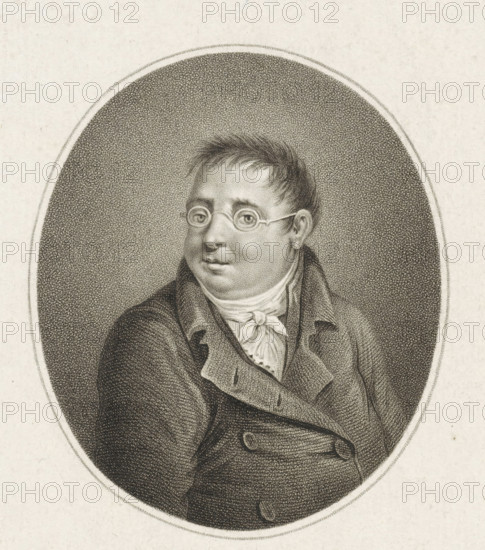 Portrait of Jan Fredrik Helmers, print, poet and merchant in Amsterdam., FMP 2288-b, printmaker: Philippus Velijn, Netherlands, 1797 - 1836, paper, etching, engraving, height 197 mm x width 114 mm, Person, Jan Frederik Helmers, eyeglasses, spectacles, A monochrome oval portrait shows a middle-aged person with short hair and round spectacles, wearing a high-collared shirt with a tied neckerchief and a double-breasted coat; the background inside the oval is filled with a fine stippled texture while the outer area is plain.