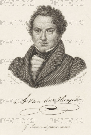 Portrait of Adriaan van der Hoop Jr'sz, print, Portrait of the Rotterdam merchant and poet Adriaan van der Hoop Jr'sz., printmaker: Philippus Velijn, Netherlands, after drawing by Willem Grebner, publisher: Johannes Immerzeel, 1832, paper, etching, engraving, etching and engraving, height 125 mm x width 103 mm, According to Van Someren print also used in: Nederlandsche Muzen-Almanak. Rotterdam: J. Immerzeel, 1832., Person, Adriaan van der Hoop Juniorsz., A detailed black and white engraved portrait of a man shown from the chest up, with curly hair, a high forehead, and closely set eyes looking forward, wearing a high-collared coat and a layered cravat or neckcloth, the coat rendered with fine crosshatching and textured shading, and a decorative flourish visible below the portrait.