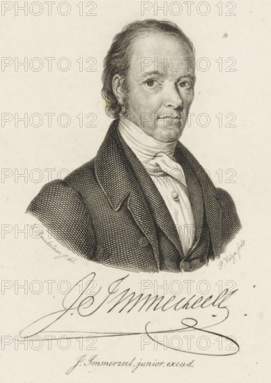 Portrait of Johannes Immerzeel, print, Portrait of the publisher Johannes Immerzeel. His signature is below the portrait., printmaker: Philippus Velijn, Netherlands, after drawing by Hendrik Breukelaar, publisher: Johannes Immerzeel, 1797 - 1836, paper, etching, engraving, etching and engraving, height 130 mm x width 101 mm, Person, A monochrome engraved portrait of a man shown from the chest up facing slightly to the viewer's right, with short wavy hair and sideburns, wearing a high-collared shirt with a cravat and a dark textured coat with wide lapels; the facial features are detailed with fine stippling and crosshatching, and there is flowing cursive script below the bust along with smaller printed script near the bottom edge.