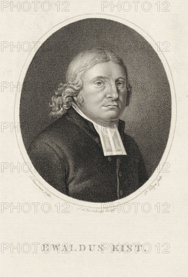 Portrait of Ewaldus Kist, print, minister in Dordrecht., printmaker: attributed to workshop of Philippus Velijn, Netherlands, after painting by J. Schouman, publisher: Vos & Comp., J. de, 1797 - 1836, Philippus Velijn, Attributed to, paper, etching, engraving, etching and engraving, height 252 mm x width 148 mm, Person, Ewaldus Kist, An oval engraving of a middle-aged man shown from the chest up, facing slightly to his left, with wavy hair that reaches his collar and a composed facial expression; he wears a dark formal garment with a white clerical collar, and the background inside the oval is textured with dense dot shading while the surrounding paper is pale and mostly blank.