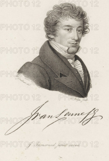 Portrait of Jacob van Lennep, print, Portrait of the poet and historian Jacob van Lennep, printmaker: Philippus Velijn, Netherlands, after drawing by Willem Grebner, publisher: Johannes Immerzeel, 1832, paper, etching, engraving, etching and engraving, height 127 mm x width 99 mm, Print according to Van Someren also used in: Nederlandsche Muzen-Almanak. Rotterdam: J. Immerzeel, 1832., Person, Jacob van Lennep, A black and white engraved portrait of a man shown from the chest up, facing slightly to the viewer's right, with curly hair, defined eyebrows, and a composed facial expression, wearing a high-collared shirt with visible layered folds and a dark textured coat with a wide lapel.