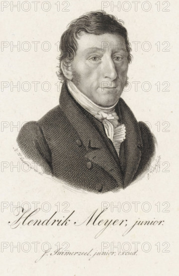Portrait of Hendrik Meyer, print, merchant and poet in Amsterdam and Kampen., printmaker: Philippus Velijn, Netherlands, after drawing by Hendrik Willem Caspari, publisher: Johannes Immerzeel, 1829, paper, etching, engraving, etching and engraving, height 142 mm x width 110 mm, Print according to Van Someren also used in: Nederlandsche Muzen-Almanak. Rotterdam: J. Immerzeel, 1829., Person, Hendrik Meyer, A black and white engraved portrait of a man shown from the chest up, with short wavy hair and sideburns, wearing a high-collared coat over a cravat and ruffled shirt; the engraving uses fine crosshatching and stippling for facial shading and clothing texture against a plain light background.
