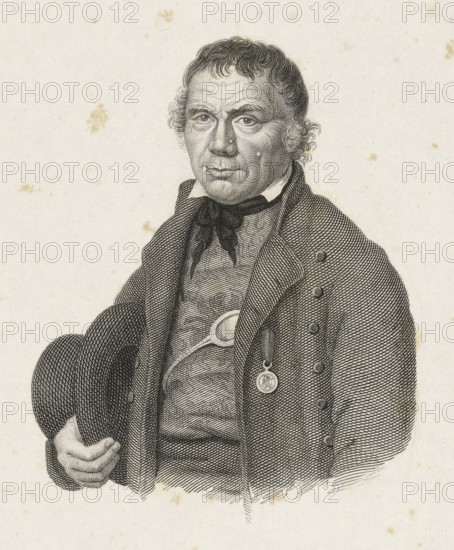 Portrait of Frans Naerebout, print, Half-length portrait of Frans Naerebout, with the pinned medal of merit for his rescue of the 87 crew members of the VOC ship Woestduin (Woestduyn), which ran aground at the Noorderrassen on July 24, 1779., Van Someren 3839, printmaker: Philippus Velijn, Netherlands, 1797 - 1836, paper, etching, engraving, etching and engraving, height 244 mm x width 151 mm, Person, Frans Naerebout, Period, 1779-07-24, A detailed black and white engraved portrait of a middle-aged man shown from the waist up, wearing a textured coat with visible buttons and a high-collared shirt tied with a dark neckerchief, his hair short and wavy with curls at the temples, his face rendered with stippled shading and a neutral expression, one hand holding a rounded hat at his side, a shallow medallion suspended from his coat, and a plain, lightly spotted background.