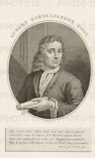 Portrait of Hubert Korneliszoon Poot, print, poet and farmer in Abtswoude. In his hand a roll of paper., printmaker: Philippus Velijn, Netherlands, after painting by Thomas van der Wilt, writer (clerical worker): Hubert Kornelisz. Poot, 1797 - 1836, writer (clerical worker), paper, etching, engraving, etching and engraving, height 233 mm x width 157 mm, Person, An engraved oval portrait shows a man from the chest up wearing a dark coat and a light, loosely draped neckcloth, with shoulder-length wavy hair and a calm facial expression; he holds a rolled object in one hand near his waist, and the background inside the oval contains areas of textured shading and architectural lines while outside the oval the surrounding paper is plain.