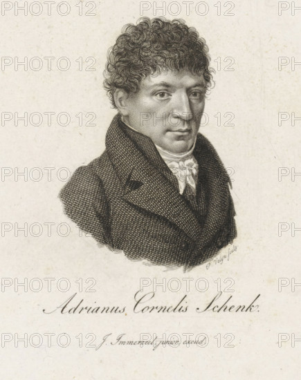 Portrait of Adrianus Cornelis Schenk, print, Portrait of the poet and translator Adrianus Cornelis Schenk., printmaker: Philippus Velijn, Netherlands, publisher: Johannes Immerzeel, 1832, paper, etching, engraving, etching and engraving, height 132 mm x width 106 mm, Person, Adrianus Cornelis Schenk, A detailed black and white engraved portrait of a man shown from the chest up wearing a high-collared coat with textured pattern and a cravat at his neck, his face rendered with fine stippling and line work, short curly hair, neutral expression, and a light background with visible paper texture.