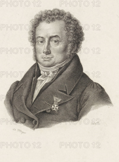 Portrait of Rijer Hendrik van Someren, print, Portrait of the poet Rijer Hendrik van Someren, with knightly order., printmaker: Philippus Velijn, Netherlands, after drawing by de Meyer, 1834, paper, etching, engraving, height 130 mm x width 104 mm, Later state of print according to Van Someren also used in: Nederlandsche Muzen-Almanak. J. Immerzeel, 1834., Person, Rijer Hendrik van Someren, A monochrome engraved portrait of a man shown from the chest up, with tightly curled hair and sideburns, a high-collared shirt with a tied neckcloth, and a dark textured coat draped over his shoulders; his face is rendered with fine stippling and hatching, showing a calm expression and direct gaze, and a decorative star-shaped medal is pinned to his coat.