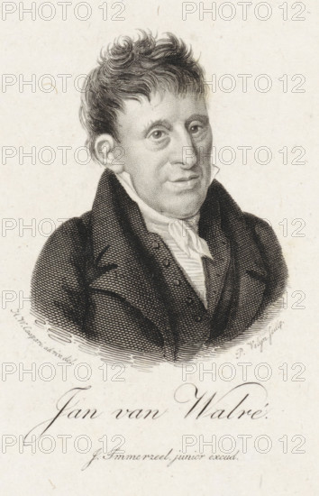 Portrait of Jan van Walré, print, publisher and writer in Haarlem., printmaker: Philippus Velijn, Netherlands, after drawing by Hendrik Willem Caspari, publisher: Johannes Immerzeel, 1826, paper, etching, engraving, etching and engraving, height 125 mm x width 107 mm, Print according to Van Someren also used in: Nederlandsche Muzen-Almanak. Rotterdam: J. Immerzeel, 1826., Person, Jan van Walré, A black and white engraved portrait of a man shown from the shoulders up, with short wavy hair and a high-collared coat layered over a waistcoat and a tied neckcloth; his face is rendered with stippled shading, visible eyes looking slightly to the side, a straight nose, and closed lips, set against a plain light background with subtle paper texture.