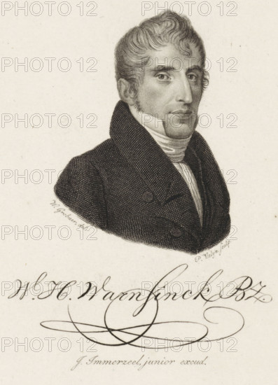 Portrait of Willem Hendrik Warnsinck, print, poet in Amsterdam., printmaker: Philippus Velijn, Netherlands, after drawing by Willem Grebner, publisher: Johannes Immerzeel, Rotterdam, 1831, paper, etching, engraving, etching and engraving, height 130 mm x width 102 mm, Print probably from: Nederlandsche Muzen-Almanak, 1831., Person, Willem Hendrik Warnsinck, A monochrome engraved portrait of a man shown from the chest up wearing a dark double-breasted coat with a high collar and a light cravat wrapped around his neck, his hair is styled in short waves with sideburns, his face is turned slightly toward the viewer with a neutral expression, fine dot and line shading creates texture on his skin, hair, and clothing, and ornate cursive calligraphic flourishes occupy the lower portion of the image.