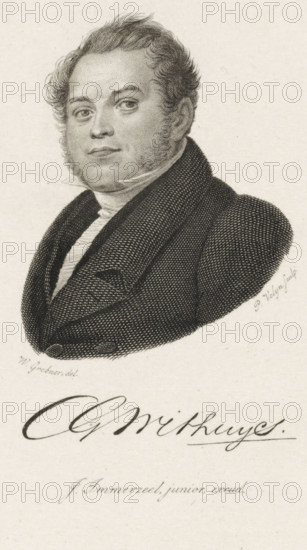Portrait of Carel Godfried Withuys, print, Portrait of the poet and literary figure Carel Godfried Withuys., printmaker: Philippus Velijn, Netherlands, after drawing by Willem Grebner, publisher: Johannes Immerzeel, 1831, paper, etching, engraving, etching and engraving, height 130 mm x width 103 mm, Print according to Van Someren used in: Nederlandsche Muzen-Almanak. Rotterdam: J. Immerzeel, 1831., Person, Carel Godfried Withuys, A monochrome engraved portrait of a man shown from the chest upward, facing slightly to his right with a calm expression, short wavy hair, and sideburns; he wears a high-collared shirt and a dark textured coat with wide lapels, and the background is plain.