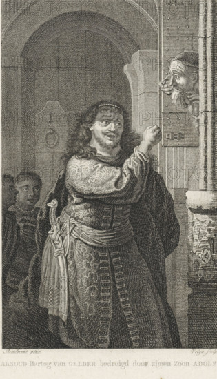Adolf van Gelre threatens his father who is in prison, 1465, Arnoud Duke of Gelre threatened by his Son Adolf, print, historical print, Adolf van Egmond, Duke of Gelre threatens his father Arnold van Egmond, Duke of Gelre, who is in prison, 1465. The subject of this depiction is nowadays interpreted as Samson threatening his father-in-law., printmaker: Philippus Velijn, Netherlands, after painting by Rembrandt van Rijn, 1819, paper, etching, height 244 mm x width 151 mm, According to Frederik Muller illustration for: v. Kampen, Vaderl. History, 1st edition of 1819. Numbered on the print: pl. 1. (I have not been able to locate this work, DH)., Person, Arnold van Egmond (Duke of Gelre), Samson goes with a kid to his wife and is refused entry by her father, Burgundian period in the Netherlands, Period, A detailed black and white engraving shows a robed man with curly hair and a beard standing near an architectural doorway, wearing ornate patterned sleeves and a decorated belt with a sheat...