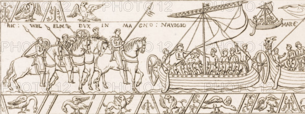 William I the Conqueror on the embroidery of Queen Mathilde, print, printmaker: Daniël Veelwaard (I), Amsterdam, 1776 - 1851, paper, etching, proof print, height 150 mm x width 214 mm, Person, William I the Conqueror, Mathildis of Flanders, embroidery (ornamentation), Bayeux, A long horizontal scene rendered in a linear, etched style shows a group of mounted figures on the left and a pair of longships on the right, separated by a narrow stretch of water. The mounted group includes riders on saddled horses, some holding long spears, with simple tunics and capes; the horses are shown in profile with bridles and flowing tails. Between the riders and the ships a standing figure on horseback faces the vessels. The nearest longship has a mast with a furled sail and ropes, a decorative prow, a shielded side, and a row of seated oarsmen facing inward; a few standing figures on the ship handle ropes and the mast. Behind it another longship is visible with additional seated figures and a small b...