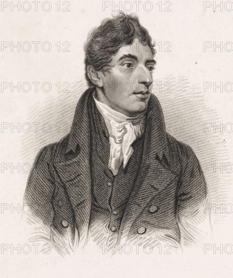 Portrait of the English writer Robert Southey, print, printmaker: Daniël Veelwaard (I), Amsterdam, after painting by Thomas Lawrence, 1828 - 1851, paper, etching, stippelets, engraving, roulette, engraving and roulette, proof print, height 221 mm x width 141 mm, Person, Robert Southey, A monochrome engraved portrait of a young man shown from the chest up, rendered with fine stippling and hatching; he has short wavy hair, arched eyebrows, and a straight nose, and he looks slightly to his right; he wears a high-collared shirt with a cravat and a dark double-breasted coat with wide lapels and visible buttons, the shading and texture of the coat created by dense linework, and the background is a light plain area with subtle dotted shading around the figure.