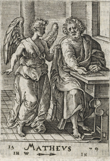 Matthews, Evangelist Matthew, Four Evangelists, print, book illustration, The evangelist Matthew is writing his gospel in a room at his writing desk. The angel stands beside him., printmaker: attributed to Johannes Wierix, Antwerp, publisher: Nicolaes de Clerck, Delft, 1579, 1609, Attributed to, paper, engraving, letterpress printing, gravure, verso letterpress, height 56 mm x width 38 mm, Print used as illustration in: Const-toonneel, inhoudende de beschrijvinghe ende XL. Wonderful images of them: Our Lord Jesus Christ, with his apostles and the evangelists, together with the chief virtues and the vices. And finally the seven planets. Carved in copper by Johannis Wierix. The description is, 1609., St. Matthew writing the Gospel, usually the angel present, dictating or assisting him, An ink engraving shows two robed figures in an interior with tiled floor and paneled walls; one figure with large feathered wings and curly hair stands barefoot, wearing flowing drapery gathered at the wai...