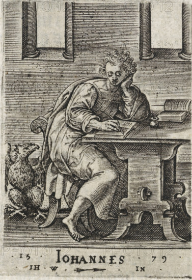 John, Evangelist John, Four Evangelists, print, book illustration, John the Evangelist is writing his Gospel at a table in his study. The eagle is sitting behind his chair., printmaker: attributed to Johannes Wierix, Antwerp, publisher: Nicolaes de Clerck, Delft, 1579, 1609, Attributed to, paper, engraving, letterpress printing, gravure, verso letterpress, height 57 mm x width 40 mm, Print used as illustration in: Const-toonneel, inhoudende de beschrijvinghe ende XL. Wonderful images of them: Our Lord Jesus Christ, with his apostles and the evangelists, together with the chief virtues and the vices. And finally the seven planets. Carved in copper by Johannis Wierix. The description is, 1609., St. John the Evangelist writing the Gospel, usually the eagle present, A seated figure in draped robes leans on a table with one elbow propped and a hand supporting the head, the other hand holding a writing instrument over an open book; the figure has curly hair and a contemplative facial express...