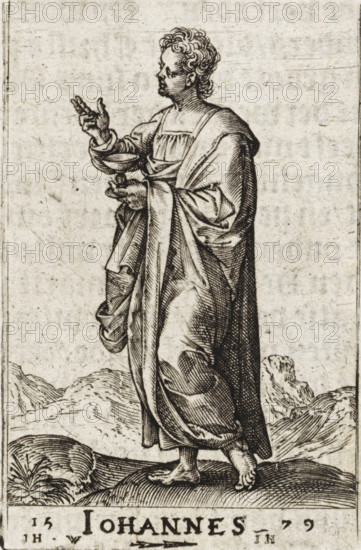 St. John the Evangelist, John, Christ and the twelve apostles, and St. Paul, print, book illustration, Landscape with the apostle John the Evangelist. In one hand he holds the chalice, with the other he makes a blessing gesture., printmaker: attributed to Johannes Wierix, Antwerp, publisher: Nicolaes de Clerck, Delft, 1579, 1609, Attributed to, paper, engraving, letterpress printing, gravure, verso letterpress, height 57 mm x width 37 mm, Print used as illustration in: Const-toonneel, inhoudende de beschrijvinghe ende XL. Wonderful images of them: Our Lord Jesus Christ, with his apostles and the evangelists, together with the chief virtues and the vices. And finally the seven planets. Carved in copper by Johannis Wierix. The description is, 1609., the apostle John the Evangelist, possible attributes: book, cauldron, chalice with snake, eagle, palm, scroll, A monochrome engraving shows a standing figure in long flowing robes with detailed folds, one arm raised with fingers extended and ...
