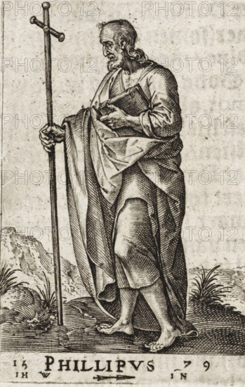 Phillipus, St. Philip, Christ and the twelve apostles, and St. Paul, print, book illustration, Landscape with the apostle Philip. In one hand he holds a book, in the other a cross staff., printmaker: attributed to Johannes Wierix, Antwerp, publisher: Nicolaes de Clerck, Delft, 1579, 1609, Attributed to, paper, engraving, letterpress printing, gravure, verso letterpress, height 58 mm x width 38 mm, Print used as illustration in: Const-toonneel, inhoudende de beschrijvinghe ende XL. Wonderful images of them: Our Lord Jesus Christ, with his apostles and the evangelists, together with the chief virtues and the vices. And finally the seven planets. Carved in copper by Johannis Wierix. The description is, 1609., the apostle Philip, possible attributes: book, cross, dish with snake, lance, scroll, stone, sword, A standing bearded man wearing draped robes holds a tall staff topped with a simple cross shape in one hand and a closed book against his chest with the other, his head turned slightly...