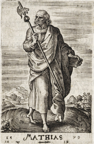 Matthias, St. Matthias, Christ and the twelve apostles, and St. Paul, print, book illustration, Landscape with the apostle Matthias. In one hand he holds a book, in the other a halberd., printmaker: attributed to Johannes Wierix, Antwerp, publisher: Nicolaes de Clerck, Delft, 1579, 1609, Attributed to, paper, engraving, letterpress printing, gravure, verso letterpress, height 59 mm x width 38 mm, Print used as illustration in: Const-toonneel, inhoudende de beschrijvinghe ende XL. Wonderful images of them: Our Lord Jesus Christ, with his apostles and the evangelists, together with the chief virtues and the vices. And finally the seven planets. Carved in copper by Johannis Wierix. The description is, 1609., the apostle and martyr Matthias, possible attributes: ax, book, cross, halberd, scroll, sword, A standing robed figure with long hair and an aged face holds a long staff topped with an ornate axe-like head in one hand and a closed book in the other, wearing layered draped garments and...