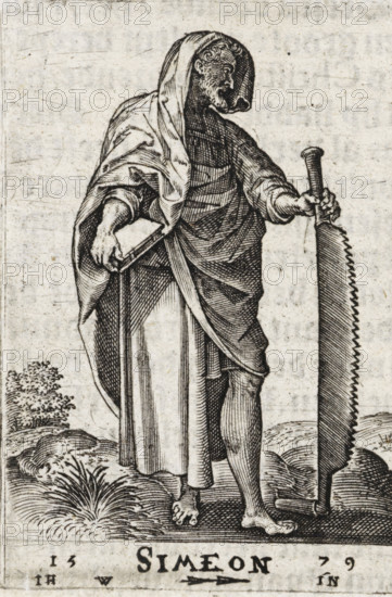 H. Simon Zelotes, Simeon, Christ and the twelve apostles, and H. Paulus, print, book illustration, Landscape with the apostle Simon Zelotes. In one hand he holds a book, in the other a saw., printmaker: attributed to Johannes Wierix, Antwerp, publisher: Nicolaes de Clerck, Delft, 1579, 1609, Attributed to, paper, engraving, letterpress printing, gravure, verso letterpress, height 57 mm x width 39 mm, Print used as illustration in: Const-toonneel, inhoudende de beschrijvinghe ende XL. Wonderful images of them: Our Lord Jesus Christ, with his apostles and the evangelists, together with the chief virtues and the vices. And finally the seven planets. Carved in copper by Johannis Wierix. The description is, 1609., the apostle Simon Zelotes (or Simon the Canaanite), possible attributes: book, saw, scroll, A monochrome engraved figure stands barefoot on textured ground, draped in layered robes with a hood covering the head and partially shadowing a bearded profile; one hand rests on a tall se...