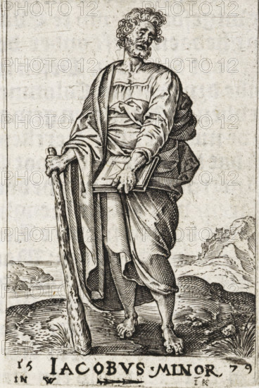 St. James the Less, Jacobus Minor, Christ and the twelve apostles, and St. Paul, print, book illustration, Landscape with the apostle James the Less. In one hand he holds a book, in the other a fuller's club., printmaker: attributed to Johannes Wierix, Antwerp, after design by Johannes Wierix, publisher: Nicolaes de Clerck, Delft, 1579, 1609, Johannes Wierix, Nicolaes de Clerck, printmaker, publisher, Attributed to, paper, engraving, letterpress printing, gravure, verso letterpress, height 58 mm x width 38 mm, Print used as illustration in: Const-toonneel, inhoudende de beschrijvinghe ende XL. Wonderful images of them: Our Lord Jesus Christ, with his apostles and the evangelists, together with the chief virtues and the vices. And finally the seven planets. Carved in copper by Johannis Wierix. The description is, Delft: Nicolaes de Clerck, 1609., the apostle James the Less, first bishop of Jerusalem, possible attributes: book, fuller's club, scroll, A standing bearded man in flowing dra...