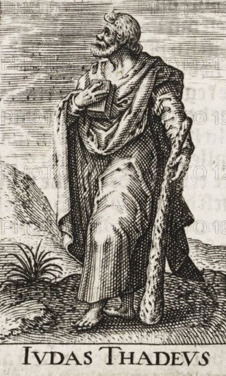 H. Judas Thaddeus, Ivdas Thadevs, Christ and the twelve apostles, and Saint Paul, print, book illustration, Landscape with the apostle Judas Thaddeus. In one hand he holds a book, in the other a bat., printmaker, after design by, publisher, Antwerp, Delft, Johannes Wierix, paper, engraving, letterpress printing, verso letterpress, height 61 mm x width 39 mm, Print used as an illustration in: Const-toonneel, containing the description and XL. Wonderful images of them: Our Lord Jesus Christ, with his apostles and the evangelists, together with the chief virtues and the vices. And finally the seven planets. Carved in copper by Johannis Wierix. The description is, Delft: Nicolaes de Clerck, 1609., the apostle Jude Thaddaeus, possible attributes: book, club, halberd, scroll, An engraved figure of a bearded man wearing draped robes is shown standing on textured ground, one hand held to his chest and the other holding a long, rough staff that reaches to the ground; he is barefoot and his head...
