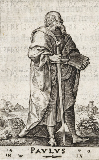 St. Paul of Tarsus, Pavlos, Christ and the twelve apostles, and St. Paul, print, book illustration, Landscape with the apostle Paul of Tarsus. In one hand he holds a book, in the other a sword., printmaker: attributed to Johannes Wierix, Antwerp, publisher: Nicolaes de Clerck, Delft, 1579, 1609, Attributed to, paper, engraving, letterpress printing, gravure, verso letterpress, height 58 mm x width 37 mm, Print used as illustration in: Const-toonneel, inhoudende de beschrijvinghe ende XL. Wonderful images of them: Our Lord Jesus Christ, with his apostles and the evangelists, together with the chief virtues and the vices. And finally the seven planets. Carved in copper by Johannis Wierix. The description is, 1609., the apostle Paul of Tarsus, possible attributes: book, scroll, sword, An engraved figure of an older man standing in profile wearing a long draped robe with detailed folds, holding a long upright staff with one hand near its top and a rolled or folded book in the other, with a...