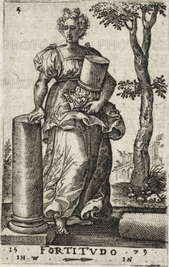 Strength, Fortification, Seven Virtues and Knowledge, print, book illustration, Series number, 5, 8, Landscape with the female personification of Strength. She stands next to a column and holds the capital under her arm., printmaker: Johannes Wierix, Antwerp, publisher: Nicolaes de Clerck, Delft, 1579, 1609, paper, engraving, letterpress printing, gravure, verso letterpress, height 57 mm x width 36 mm, Print used as illustration in: Const-toonneel, inhoudende de beschrijvinghe ende XL. Wonderful images of them: Our Lord Jesus Christ, with his apostles and the evangelists, together with the chief virtues and the vices. And finally the seven planets. Carved in copper by Johannis Wierix. The description is, 1609., Fortitude, 'Fortitudo', one of the Four Cardinal Virtues, A womanlike figure in a flowing dress with puffed sleeves stands with one hand resting on a fluted column and the other holding a tall, cylindrical hat and a small decorative shield; her hair is curled and arranged atop h...