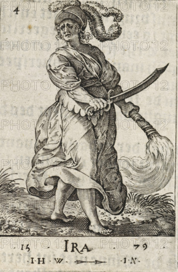 Ira, Wrath, Seven Deadly Sins, print, book illustration, Series number, 4, 7, Landscape with the female personification of Wrath (Ira). In her hands she holds a sword and a burning torch., printmaker: Johannes Wierix, Antwerp, publisher: Nicolaes de Clerck, Delft, 1579, 1609, paper, engraving, letterpress printing, gravure, verso letterpress, height 59 mm x width 39 mm, Print used as illustration in: Const-toonneel, inhoudende de beschrijvinghe ende XL. Wonderful images of them: Our Lord Jesus Christ, with his apostles and the evangelists, together with the chief virtues and the vices. And finally the seven planets. Carved in copper by Johannis Wierix. The description is, 1609., Anger, 'Ira' (Ripa), personification of one of the Seven Deadly Sins, A black and white engraved figure of a person wearing a long flowing dress and a headwrap with a large plume, standing barefoot on textured ground with grass tufts, the figure turned in profile with a solemn facial expression and curly hair v...