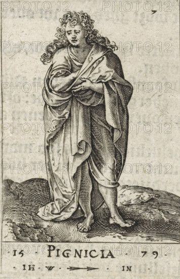 Pignicia, Laziness, Seven Deadly Sins, print, book illustration, Series number, 7, Landscape with the female personification of Laziness (Pigritia). She has tucked one hand against her chest under her drapery., printmaker: Johannes Wierix, Antwerp, publisher: Nicolaes de Clerck, Delft, 1579, 1609, paper, engraving, letterpress printing, gravure, verso letterpress, height 59 mm x width 39 mm, Print used as illustration in: Const-toonneel, inhoudende de beschrijvinghe ende XL. Wonderful images of them: Our Lord Jesus Christ, with his apostles and the evangelists, together with the chief virtues and the vices. And finally the seven planets. Carved in copper by Johannis Wierix. The description is, 1609., Sloth, Indolence, 'Acedia', 'Desidia', 'Accidia' (Ripa), personification of one of the Seven Deadly Sins, A black and white engraved figure stands on a textured ground with flowing lines, draped in layered robes that wrap around the shoulders and body with visible folds and shading, one ar...