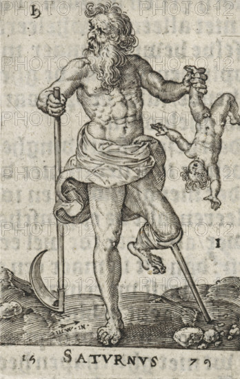 Saturn, Satvrnvs, Gods seated on the seven planets, print, book illustration, Series number, 1, 7, with a wooden crutch on his mutilated leg, holds one of his children in his hands. In his other hand a scythe., printmaker: Johannes Wierix, Antwerp, publisher: Nicolaes de Clerck, Delft, 1579, 1609, paper, engraving, letterpress printing, gravure, verso letterpress, height 56 mm x width 36 mm, Print used as illustration in: Const-toonneel, inhoudende de beschrijvinghe ende XL. Wonderful images of them: Our Lord Jesus Christ, with his apostles and the evangelists, together with the chief virtues and the vices. And finally the seven planets. Carved in copper by Johannis Wierix. The description is, 1609., An aged bearded man with long curly hair and a muscular torso stands with one foot on a raised surface, wearing a draped cloth around his waist and holding a long staff in one hand while gripping a small limp child by the leg with the other; a curved blade rests near the staff, the scene i...