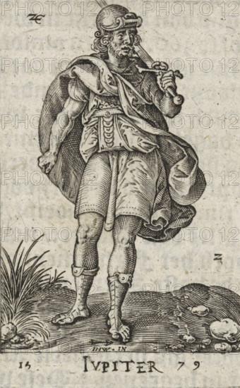 Jupiter, Ivpiter, Gods seated on the seven planets, print, book illustration, Series number, 2, 7, Jupiter in armor, with a sword over his shoulder., printmaker: Johannes Wierix, Antwerp, publisher: Nicolaes de Clerck, Delft, 1579, 1609, paper, engraving, letterpress printing, gravure, verso letterpress, height 57 mm x width 36 mm, Print used as illustration in: Const-toonneel, containing the description and XL. Glorious depictions: Our Lord Jesus Christ, with his apostles and evangelists, together with the cardinal and vice deities. And finally the seven planets. Carved in copper by Johannis Wierix. The description is, 1609., A black and white engraved figure of a bearded man wearing a helmet and a draped cloak that falls over one shoulder, with a patterned breastplate visible beneath the cloak and a short tunic extending to mid-thigh, standing with one arm bent and holding a sword or staff near his shoulder while the other arm hangs at his side; he wears strapped greaves on his lower...