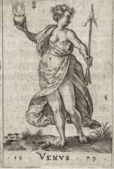 Venvs, Venus, Gods seated on the seven planets, print, book illustration, Series number, 5, 7, Venus in a drapery, in one hand she holds a burning heart, in the other an arrow., printmaker: Johannes Wierix, Antwerp, publisher: Nicolaes de Clerck, Delft, 1579, 1609, paper, engraving, letterpress printing, gravure, verso book print, height 55 mm x width 37 mm, Print used as illustration in: Const-toonneel, inhoudende de beschrijvinghe ende XL. Wonderful images of them: Our Lord Jesus Christ, with his apostles and the evangelists, together with the chief virtues and the vices. And finally the seven planets. Carved in copper by Johannis Wierix. The description is, 1609., A standing classical female figure rendered in black ink on a pale textured background, shown in three-quarter view with curly hair and a partially draped flowing garment that reveals her torso and legs, one arm extended upward holding a heart-shaped object emitting stylized flames and the other arm holding a long slender ...