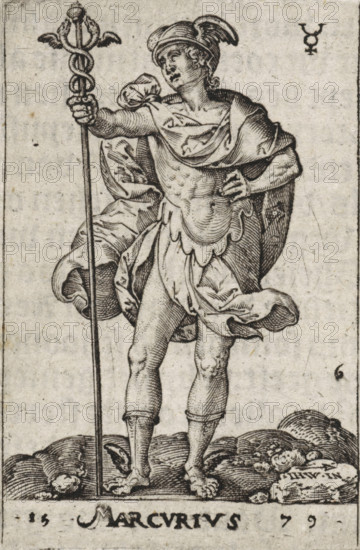 Mercvrivs, Mercury, Gods seated on the seven planets, print, book illustration, Series number, 6, 7, Mercury in armor, in his hand a staff with the caduceus., printmaker: Johannes Wierix, Antwerp, publisher: Nicolaes de Clerck, Delft, 1579, 1609, paper, engraving, letterpress printing, gravure, verso letterpress, height 55 mm x width 37 mm, Print used as illustration in: Const-toonneel, inhoudende de beschrijvinghe ende XL. Wonderful images of them: Our Lord Jesus Christ, with his apostles and the evangelists, together with the chief virtues and the vices. And finally the seven planets. Carved in copper by Johannis Wierix. The description is, 1609., A standing male figure rendered in a detailed black ink engraving, wearing a winged helmet and a short tunic with a draped cloak over one shoulder, holds a long staff topped with a rod entwined by serpents in his outstretched hand; his other hand rests near his waist. The figure is shown with defined muscles and layered, flowing fabric arou...