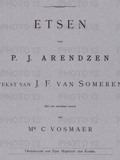 Cover for 'Moderne Kunst in Nederland. Etchings by PJ Arendzen, text by JF Someren', issue 29, wrapper, publisher: Tjomme van Holkema, Amsterdam, printmaker: Petrus Johannes Arendzen, dedicated to: Willem III (King of the Netherlands), c. 1786 - c. 1787, paper, letterpress printing, letterpress printed in black and red on purple paper, height 600 mm x width 428 mm, A textured gray paper sheet with dark printed ornamental line near the top and several lines of dark serif lettering spaced vertically across the page, including a prominent large word near the upper center, a centered small line of text below it, a long line of widely spaced letters across the middle, a line of italicized cursive text roughly centered lower, and a bold line of large serif letters above the lower third, with a dotted horizontal rule and another line of serif text near the bottom edge.
