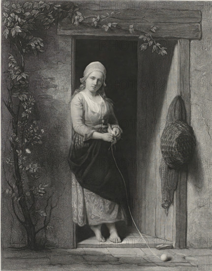 Young woman with knitting, print, A young woman with a headdress stands in a doorway with a knitting. In front of her feet lies a ball of wool., printmaker: Johann Wilhelm Kaiser (I), Netherlands, after painting by Isaac Israels, 1823 - 1900, paper, chine collé, etching, engraving, aquatint, roulette and aquatint on chine collé, proof, height 549 mm x width 402 mm, knitting (women (labourers)), A young woman stands barefoot in a doorway, wearing a headscarf, a fitted bodice with sleeves, a dark apron, and a patterned skirt; she holds a length of string or yarn that extends down to a small ball on the floor and her hands are clasped together near her waist. The doorway is framed by rough wooden beams and textured stone or plaster walls, with a woven basket and hanging cloth attached to the right doorframe. A climbing plant with leaves grows up the left side of the scene and some foliage trails across the top beam. The floor outside the doorway shows worn stone tiles and a visible crack,...