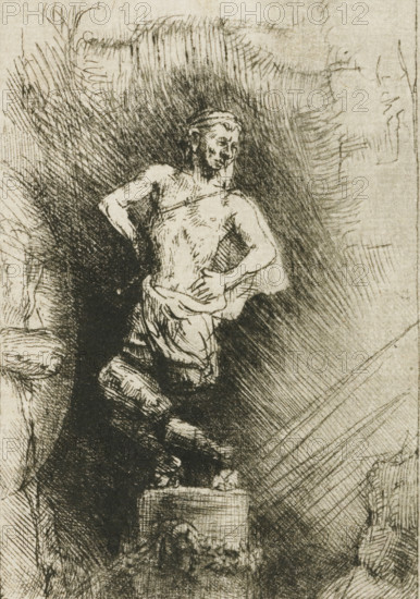 The image seen by Nebuchadnezzar, Four illustrations for a Spanish book, print, signature and date: 'Rembrandt f 1655', printmaker: Rembrandt van Rijn, 1655, paper, etching, drypoint, burin, intaglio printmaking technique, drypoint and burin, printed with light plate tone, height 135 mm x width 76 mm, King Nebuchadnezzar dreams of a great statue, A monochrome sketch shows a partially nude male figure standing with one hand resting on his hip and the other hand near his waist, his torso turned and head tilted downward; he wears a cloth draped around his lower body and a simple band or headpiece. The figure is rendered with dense cross-hatching and surrounded by dark, textured shading that contrasts with lighter areas; additional hatched lines and sketchy marks fill the background and suggest depth. At the lower edge of the image a rectangular block or pedestal is visible with indistinct markings, and adjacent areas contain more loosely drawn lines and shaded forms.