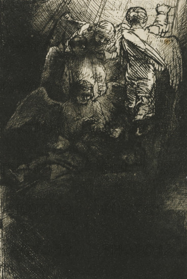 Jacob's Ladder, Four illustrations for a Spanish book, print, signature and date: 'Rembrandt f 1655', printmaker: Rembrandt van Rijn, after design by Rembrandt van Rijn, 1655, Rembrandt van Rijn, printmaker, paper, etching, drypoint, burin, intaglio printmaking technique, drypoint and burin, printed with light plate tone, height 111 mm x width 74 mm, the dream of Jacob: while sleeping on the ground with a stone for pillow Jacob sees a ladder reaching from earth to heaven with angels going up and down, usually with God at the top of the ladder, A dark, heavily shaded etching shows a cluster of figures near the top of the image, their forms rendered with dense crosshatching and strong contrasts; one figure faces away with a rounded head and an arm raised, another leans forward with head bowed, and a smaller face is visible among folds of clothing; the surrounding area is filled with deep, textured shadow that becomes almost uniformly black toward the bottom and left, while the upper righ...