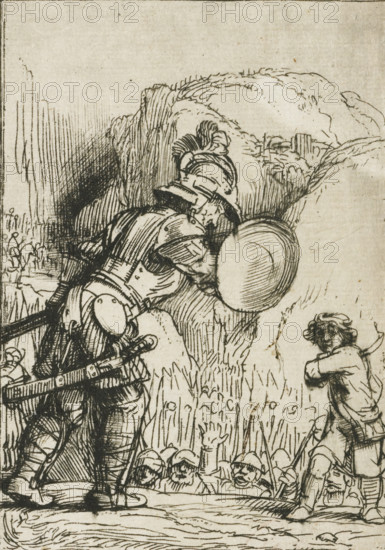 David and Goliath, Four illustrations for a Spanish book, print, signature and date: 'Rembrandt f 1655', printmaker: Rembrandt van Rijn, 1655, paper, etching, drypoint, burin, intaglio printmaking technique, drypoint and burin, printed with light plate tone, height 145 mm x width 80 mm, story of David and Goliath (1 Samuel 17), A pen-and-ink scene showing a large armored figure with plate armor and a helmet leaning forward and carrying a round shield, detailed cross-hatching indicating shadow and texture on the armor and cloak; smaller figures in the foreground and background wear helmets and appear clustered together, some with visible faces and raised hands, while another unarmored figure stands to the right with arms crossed and a turned head; tall grasses and rocky, rounded hills fill the middle and background, and dense linear shading creates depth and contrast across the composition.