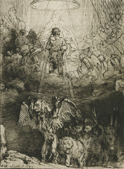 Daniel's vision of the four beasts, Four illustrations for a Spanish book, print, signature and date: 'Rembrandt f 1655', printmaker: Rembrandt van Rijn, after design by Rembrandt van Rijn, 1655, Rembrandt van Rijn, printmaker, paper, etching, drypoint, burin, intaglio printmaking technique, drypoint and burin, printed with light plate tone, height 134 mm x width 82 mm, Daniel's visions (Daniel may be shown having his visions explained, e.g. by the archangel Gabriel), A densely shaded black and white etching showing a group of winged figures and men in varied poses. At the top center a robed figure sits beneath a circular halo with rays descending, facing forward while a cloaked figure stands before them with their back to the viewer. Around them are clustered figures with wings, some bowed and some watching, rendered with heavy crosshatching and textured lines. In the lower half a large winged creature occupies the foreground with detailed feathers and a downward gaze, and beside it a...