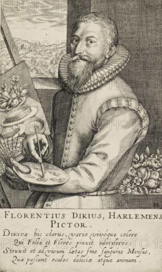 Portrait of Floris Claesz. van Dijck, print, Portrait of the Haarlem painter Floris Claesz. van Dijck with beard and ruffled collar. He stands with a palette and brushes by an easel with a still life. Behind him a forest scene. Below the image, the name and function of the sitter and a four-line eulogy in Latin., Northern Netherlands, after design by Monogrammist HB (painter), after design by Hendrick Bloemaert (possibly), 1600 - 1650, printmaker, paper, engraving, gravure, height 205 mm x width 124 mm, Person, Floris Claesz van Dijck, portrait, self-portrait of painter (artist at work), A finely detailed black and white engraved portrait of a bearded man seated at an easel, turned slightly toward the viewer, wearing a high ruffled collar and fitted clothing with decorative stitching and buttons; he holds a painter’s palette and brushes in one hand while a brush is poised in the other, and a cluster of flowers rests near his elbow; the background shows a window with a distant landscape...