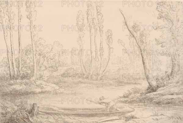 The banks of the Somme near Amiens, print, printmaker: Alphonse Legros, 1837 - 1911, paper, etching, engraving, intaglio printmaking technique, height 190 mm x width 279 mm, rowing boat, canoe, river, Somme, A detailed monochrome line drawing of a riverside scene showing tall slender trees with textured trunks and leafy tops along the water's edge, a gently meandering river with rippled surface, low grassy banks and clusters of shrubs, a leaning tree with visible roots on the right and a fallen log in the foreground, and a small simple boat pulled up on the near shore.