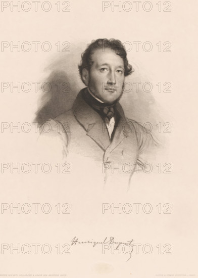 Portrait of Louis Pierre Henriquel-Dupont, Henriquel Dupont, print, printmaker: Aristide Louis, France, after drawing by Paul Delaroche, publisher: Goupil, Vibert & Cie., Paris, London, 1845, paper, chine collé, engraving, engraving on chine collé, height 284 mm x width 213 mm, Person, Louis Pierre Henriquel-Dupont, historical persons, portrait, self-portrait of graphic artist, A sepia-toned engraved portrait of a man shown from the chest up wearing a double-breasted coat with wide lapels and a high collar, a dark cravat tied around his neck, and a white shirt visible beneath; he has wavy hair swept to one side, sideburns, and a composed facial expression with his gaze directed slightly to his right, set against a softly shaded background with faint sketch lines.