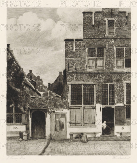 View of houses in Delft, known as 'The Little Street', Street in Delft, print, book illustration, known as 'The Little Street'. The facades of several houses on a street in Delft. Between the houses is a small alley where a woman is bent over a washbasin. In the open doorway of the house on the right, a woman is doing needlework; on the sidewalk in front of the house on the left, two children are playing., printmaker: Willem Steelink (II), Netherlands, after painting by Johannes Vermeer, printer (person): Roeloffzen & Hübner, publisher: Holkema & Warendorf, Van, Amsterdam, 1888 - 1891, printer (person), paper, chine collé, etching, drypoint, etching and drypoint on chine collé, height 347 mm x width 253 mm, A detailed black and white etching of a street scene showing the facade of a tall brick building with multiple windows of small panes and wooden shutters, an arched window detail, and a doorway with a seated figure partially visible inside; adjacent lower buildings with steep roofs,...