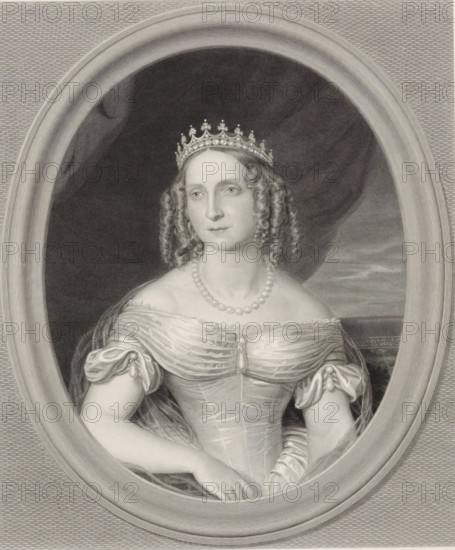 Portrait of Anna Paulowna Romanowa, Queen of the Netherlands, print, check stamp: 'Frans Buffa en Zonen uitgevers Amsterdam', printmaker: Benoit Taurel, publisher: Buffa en Zonen, Frans, Amsterdam, 1846, paper, chine collé, etching, engraving, etching and engraving on chine collé, height 447 mm x width 321 mm, Person, Anna Paulowna Romanowa, An engraved portrait of a woman shown within an oval frame, wearing a jeweled crown and a single-strand pearl necklace, with curled hair falling to her shoulders, a draped off-the-shoulder gown with gathered sleeves fastened by decorative buttons, and her hands resting in her lap; the background inside the oval is dark and textured while the outer area shows fine parallel lines.