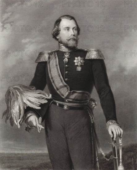 Portrait of William III, King of the Netherlands, print, check stamp: 'François Buffa & Fils', Van Someren 720, printmaker: Benoit Taurel, after painting by Jan Willem Pieneman, publisher: Buffa en Zonen, Frans, Amsterdam, 1849 - 1859, paper, chine collé, etching, steel engraving, etching and steel engraving on chine collé, height 482 mm x width 340 mm, Person, Willem III (king of the Netherlands), A black and white engraved portrait of a man shown from head to mid-thigh wearing a dark military uniform with decorative shoulder epaulettes and a sash across his chest, a star-shaped medal and other insignia pinned to his chest, a belt with a buckle and a sword hanging at his side, a feathered plumed helmet held in one gloved hand, short wavy hair and a full mustache and beard, and a neutral background with subtle shading.