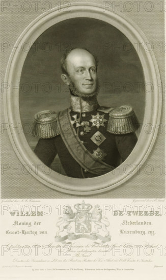 Portrait of William II, King of the Netherlands, print, check stamp: 'François Buffa & Fils', caption: 'Printed by the undersigned plate printer in Amsterdam JF Brugman, Presented to the Municipal Government of the City of Amsterdam, by the undersigned as publishers of this plate in compliance with the Law. Amsterdam 13 January 1842 Frans Buffa & Zonen.', printmaker: Benoit Taurel, after painting by Jan Adam Kruseman, publisher: Buffa en Zonen, Frans, Amsterdam, printer (person): JF Brugman, dedicated to: Anna Paulowna Romanowa, dedicated to: City of Amsterdam, 1842, printer (person), materials by function, paper, ink, etching, steel engraving, pen, steel engraving and pen in brown, height 452 mm x width 317 mm, Person, William II of the Netherlands, A framed engraved portrait of a man shown from the chest up inside an oval border, wearing a dark military uniform with ornate shoulder epaulettes and a sash across his chest, his uniform decorated with multiple star-shaped and cross-shape...