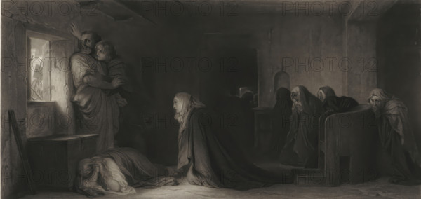 Interior with figures, print, printmaker: Edouard Girardet, after painting by Paul Delaroche, publisher: Goupil & Cie., 1829 - 1880, paper, chine collé, etching, stipple work, height 344 mm x width 561 mm, interior of the house, A dim interior scene rendered in monochrome shows several robed figures arranged across the room. At the left a bearded man stands near a small window, holding a younger person close; light comes through the window illuminating their faces and the surrounding wall. Below them a figure lies curled on the floor with a hand covering their head. Toward the center a crouching or kneeling figure in a long dark cloak looks toward the standing pair. Along the right side a row of seated and leaning figures in layered robes and head coverings occupy benches and a raised platform, some with hands near their faces. The room contains simple furnishings including a small chest and a slanted board near the window, and an arched recess set into the far wall; shadows dominate t...