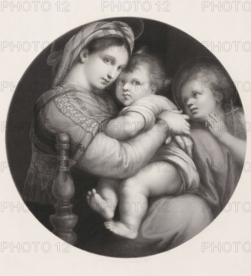 Tondo with Mary with Child and John the Baptist, print, printmaker: Eduard Mandel (signed by artist), after painting by Rafaël, publisher: EH Schroeder, Berlin, 1865, paper, chine collé, steel engraving, steel engraving on chine collé, height 481 mm x width 417 mm, Madonna: ie Mary with the Christ-child, John the Baptist as child, Madonna-representations (NB secondary notation only), A grayscale circular portrait showing a woman wearing a patterned headscarf and textured clothing holding a chubby child whose gaze is forward; the woman's face is close to the child's and she looks outward with a calm expression, her arm wrapped around the child's torso and a hand visible with a bracelet on the wrist; to the right another child with curly hair and folded hands looks toward the central child, a faint halo-like outline around the heads, and a turned wooden chair spindle visible at the left edge.