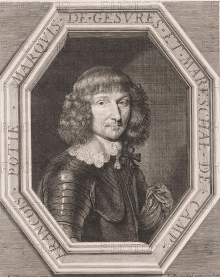 Portrait of François Potier, marquis de Gesvres, print, printmaker: Jean Morin, after painting by Philippe de Champaigne, grantor of privilege: French crown, France, 1640 - 1650, paper, etching, stippelwerk, height 310 mm x width 253 mm, Person, François Potier (Marquis de Gesvres), historical persons, A monochrome engraved portrait shows a man with shoulder-length wavy hair and a composed facial expression, wearing a lace collar and a decorative bow at his throat, a textured garment beneath and a piece of armor on one shoulder, all set within an octagonal frame with parallel lined shading filling the background.