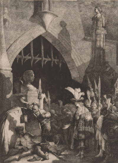 Diogenes and Alexander the Great, print, printmaker: Jean Pierre Norblin de la Gourdaine, 1755 - 1830, paper, etching, intaglio printmaking technique, height 243 mm x width 180 mm, Person, Diogenes van Sinope, Alexander the Great, historical persons, Alexander's visit to Diogenes, who sits by his barrel and asks Alexander to get out of his light, A monochrome scene rendered in fine lines shows a large stone arch with a pointed gate and metal spikes above a dark opening, flanked by sculpted figures and architectural details; beneath the arch a crowded assemblage of people and soldiers in period costumes are gathered, some wearing plumed hats and carrying spears, one prominent figure facing slightly toward the center wearing ornate clothing and an extended hand, a person reclining partially nude on the ground in the foreground, a bust perched on a pedestal near the arch, and a tall column-like statue to the right standing above the crowd.